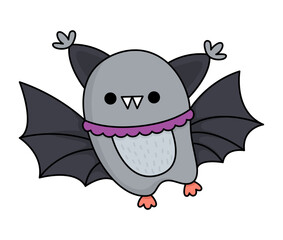 Vector kawaii bat. Cute smiling Halloween character for kids. Funny autumn all saints day cartoon animal with spread wings illustration. Samhain party icon for children.