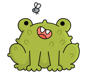 Vector kawaii green toad with fly. Cute smiling Halloween character for kids. Funny autumn all saints day cartoon animal illustration. Samhain party frog icon for children.