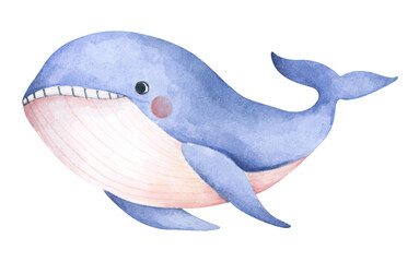 Cute blue whale. Underwater animal art. Watercolor illustration.