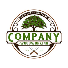 Oak logo design with roots. the concept of a large tree in a circle for real estate, construction, housing, furniture and others