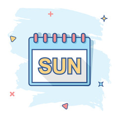 Obraz premium Vector cartoon sunday calendar page icon in comic style. Calendar sign illustration pictogram. Sunday agenda business splash effect concept.