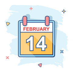 Vector cartoon february 14 calendar icon in comic style. Calendar sign illustration pictogram. Valentines day agenda business splash effect concept.