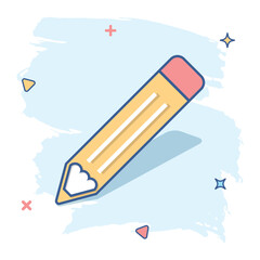 Vector cartoon pencil icon in comic style. Pen sign illustration pictogram. Pencil business splash effect concept.