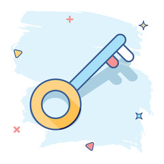 Vector cartoon key icon in comic style. Unlock sign illustration pictogram. Private secure key business splash effect concept.
