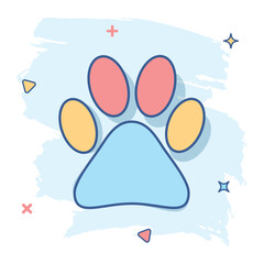 Vector cartoon paw print icon in comic style. Dog, cat, bear paw sign illustration pictogram. Animal foot business splash effect concept.