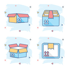 Obraz premium Vector cartoon set of packaging box icon in comic style. Shipping pack sign illustration pictogram. Box business splash effect concept.
