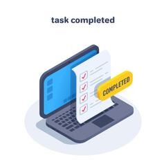 isometric vector illustration on a white background, a notebook with a task sheet and a button with the inscription completed