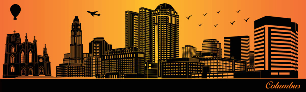 Columbus city skyline silhouette - illustration, 
Town in orange background