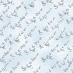 Decorative outline black herbs seamless pattern on light blue background. Oneline decorative herbs digital paper. Design for greeting cards, invitations, wallpaper, fabric, scrapbook.