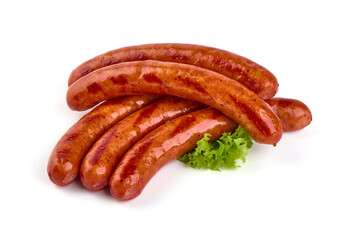 Barbecued sausages, fried sausages bbq, isolated on white background.