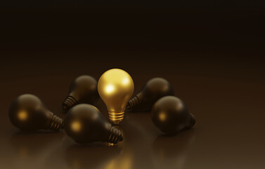 Golden light bulbs glow on many dark bulbs on dark brown background