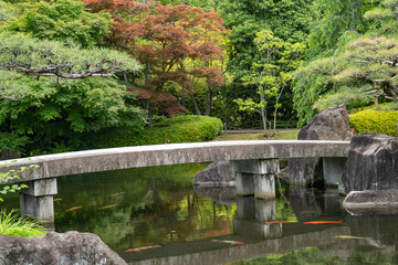 Fototapeta na wymiar 初夏の池に架かる姫路城好古園の石橋