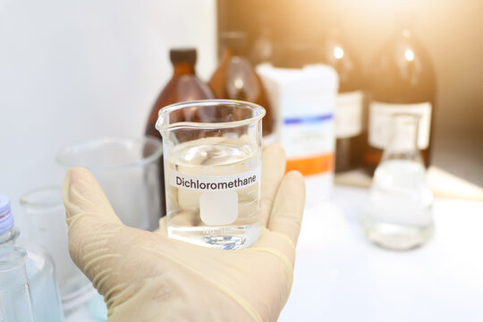 Dichloromethane in glass, chemical in the laboratory