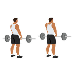 Fototapeta na wymiar Man doing Barbell shrugs back view exercise. Flat vector illustration isolated on white background