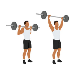 Man doing Standing behind the neck barbell shoulder press exercise. Flat vector illustration isolated on white background