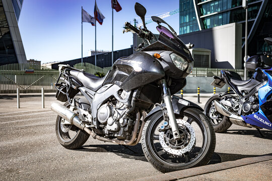 Yamaha TDM 900 motorcycle parked on the motorcycles parking lot on city street