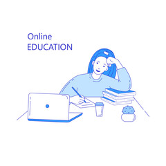 Illustration of a girl at a computer studying online, in blue. Distance learning.  Webinar.