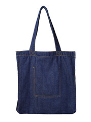 Blue cotton shopper bag with stitched pocket isolated on white background
