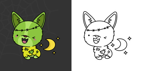 Cute Halloween Corgi Dog Clipart Illustration and Black and White. Funny Clip Art Halloween Puppy. Cute Vector Illustration of a Kawaii Halloween Animal Character in a Zombie Costume.
