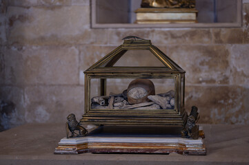 Glass urn with human bones, it is in the church of Palma - obrazy, fototapety, plakaty
