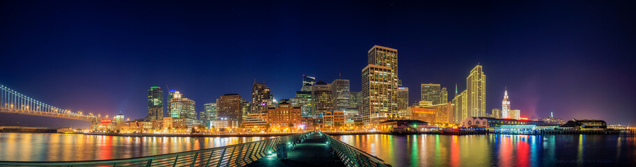 Panorama of Pier 14 in Downtown San Francisco at night- California