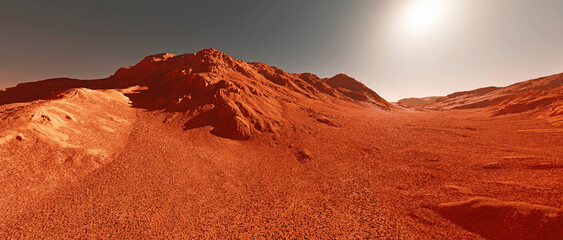 Mars planet landscape, 3d render of imaginary mars planet terrain background. © Cobalt