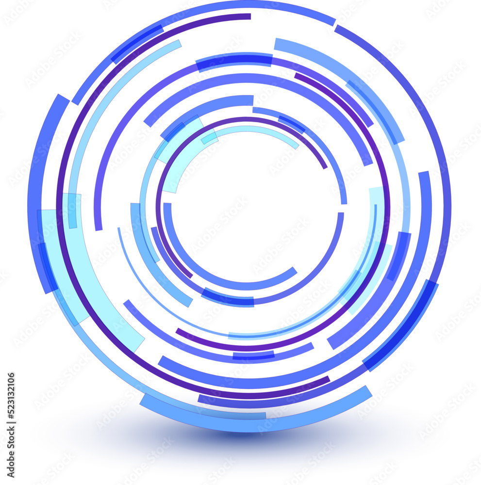 Poster abstract lens icon design, 3d blue symbol with circular lines pattern, vector illustration.