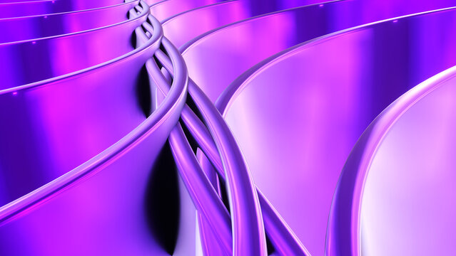 Purple metallic background, shiny chrome striped 3D metal abstract background, technology lustrous 3D render illustration.