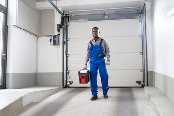 Garage Door Installation And Repair At Home. Contractor Man