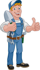 A gardener, handyman or farmer cartoon caretaker contractor man holding a garden spade tool. Giving a thumbs up