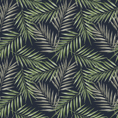 Beautiful tropical seamless pattern with hand drawn watercolor palm tree leaves. Stock illustration.