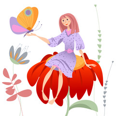 Fototapeta premium A tiny girl sitting on a big flower with a butterfly on her arm. Thumbelina