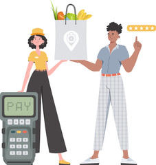 Woman courier delivers a package with products. Home delivery concept. Isolated. Cartoon style. Vector.