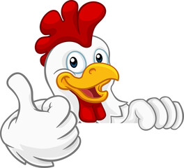 A chicken rooster cockerel bird cartoon character peeking over a sign and giving a thumbs up - obrazy, fototapety, plakaty