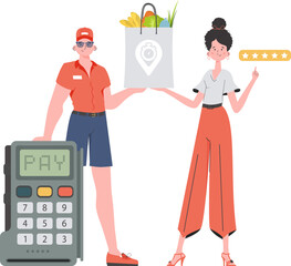 A male courier delivers a package of products. Delivery concept. Isolated. trendy style. Vector.