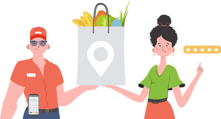 A male courier delivers a package of products. Home products. Food delivery. Isolated. Cartoon style. Vector.