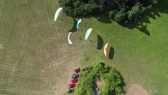 paragliding beauty of free flight Czech republic,Europe, Bykovice u Cerna Hora,paragliding groundhandling,soaring,aerial scenic panorama landscape view