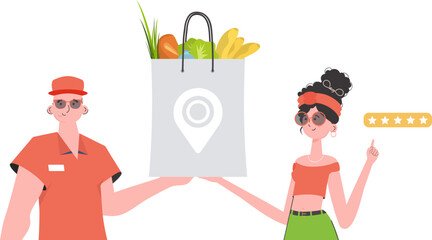 A male courier holds a bag of food. Home delivery concept. Isolated. trendy style. Vector.