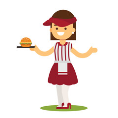 Fast food waitress holding a tray with burger