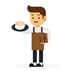 Young man barista making coffee