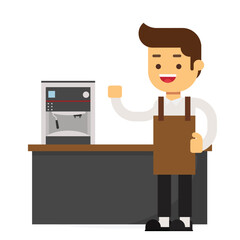 Young man barista making coffee