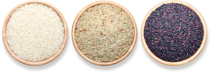 Jasmine rice, Brown rice and riceberry rice in wood cup transparency backgrounc.food object