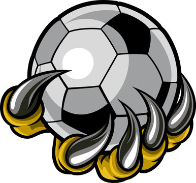 A monster or animal claw or hand with talons holding a soccer football ball 