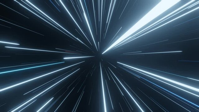 Slowly flying through deep space then entering hyperspace and slowing down. Colorful speed of light seamless loop animation of traveling in outer space.