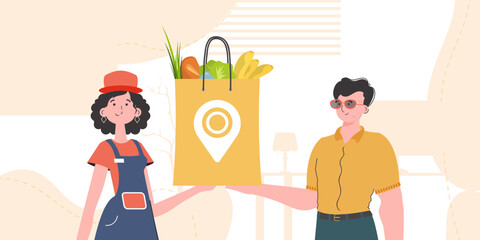 Delivery concept. Woman courier holds a package with food. Trendy flat style. Vector.
