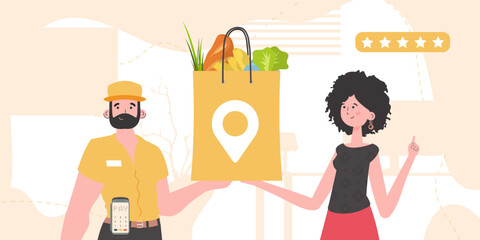 Delivery concept. A male courier holds a bag of food. Cartoon style. Vector.