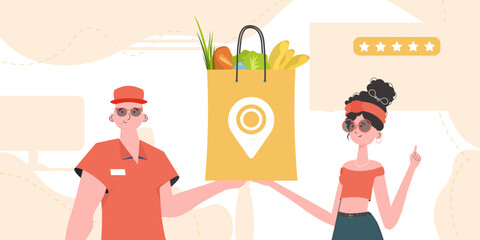 Home delivery concept. A male courier delivers a package of products. trendy style. Vector.