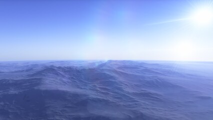 Mars like red planet, with arid landscape, rocky hills and mountains, for space exploration and science fiction backgrounds.
