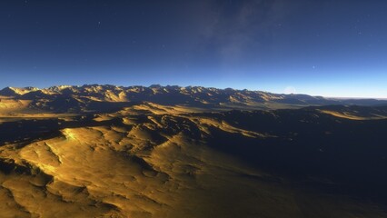 Mars like red planet, with arid landscape, rocky hills and mountains, for space exploration and science fiction backgrounds.
