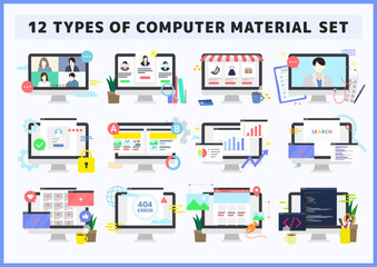 さまざまなパソコン、ブラウザ画面のイラスト素材セット